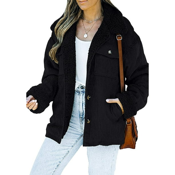 MAWCLOS Ladies Loose Fuzzy Fleece Jackets Corduroy Long Sleeve