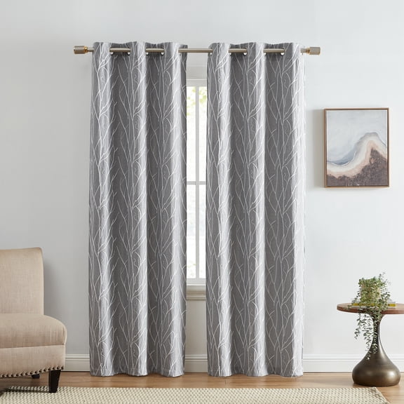 Elrene Home Fashions Sterling Branch Motif Embroidered Blackout Window Curtain Panel, Set of 2, White, 37" x 63"