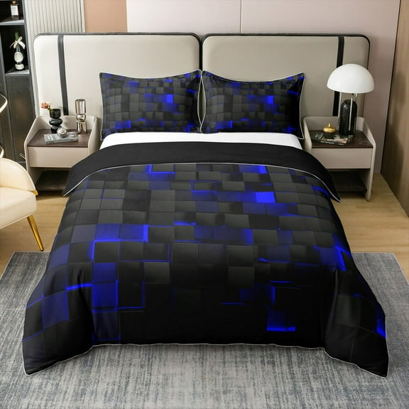 Erosebridal Teen Geometric Bedding Set Twin Black Navy Royal Blue 100% Cotton Comforter Cover,Neon Abstract Stereoscopic Check Grid Duvet Cover Square Plaid Bed Set 3D Modern Room Decor