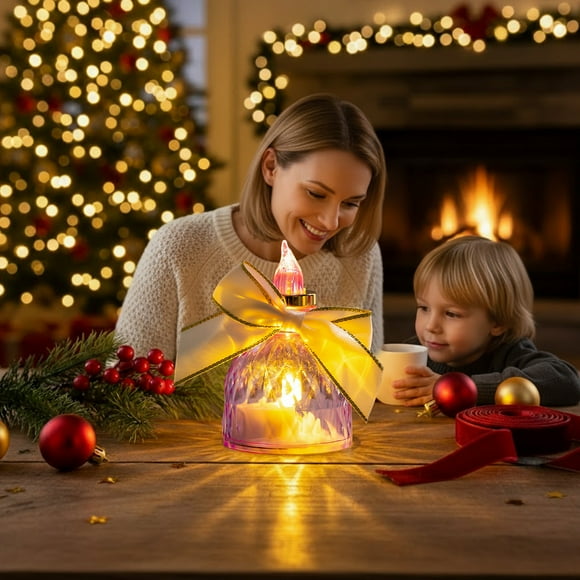 Lámpara de Noche Electrónica Transparente con Luz Led Sin Llama En Forma de Lazo, Estilo Vela de Cristal | Plástico Morado | 8,1 X 5 X 5 Cm | Decoración Navideña | 1 Unidad