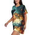 thumbnail image 3 of Womens Pajama Sets With Pocket, Halloween Black Cat Pumpkin Street Lounge Sets Short Sleeve Sleepwear PJ Sets for Women, 3 of 6