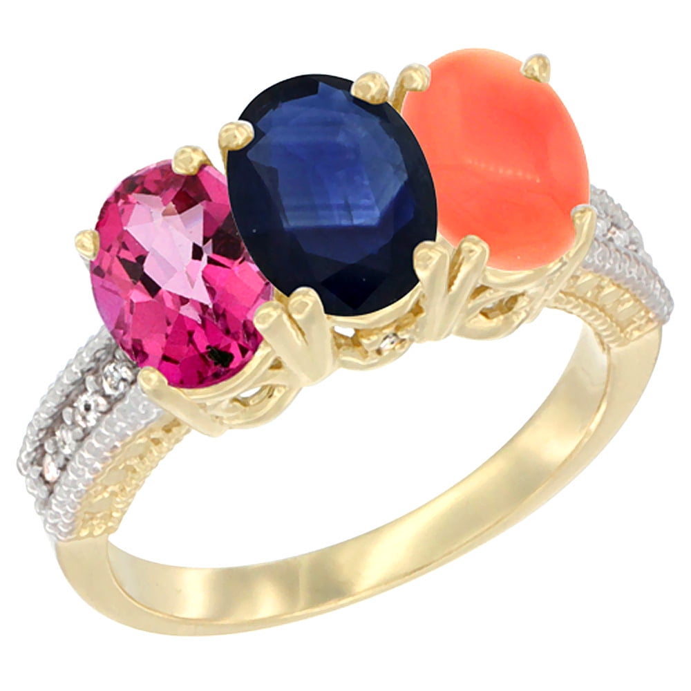 10K Yellow Gold Diamond Natural Pink Topaz, Blue Sapphire & Coral Ring 3-Stone 7x5 mm Oval, sizes 5 10 by WorldJewels