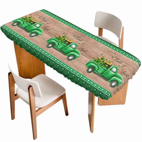 Saint Patrick's Day Table Cloths for 8 Foot Rectangle Tables, Luck Leaves Car Brown Wooden Plaid Patio Waterproof Elastic Fitted Tablecloths, Washable Rectangular Table Cover for Camping