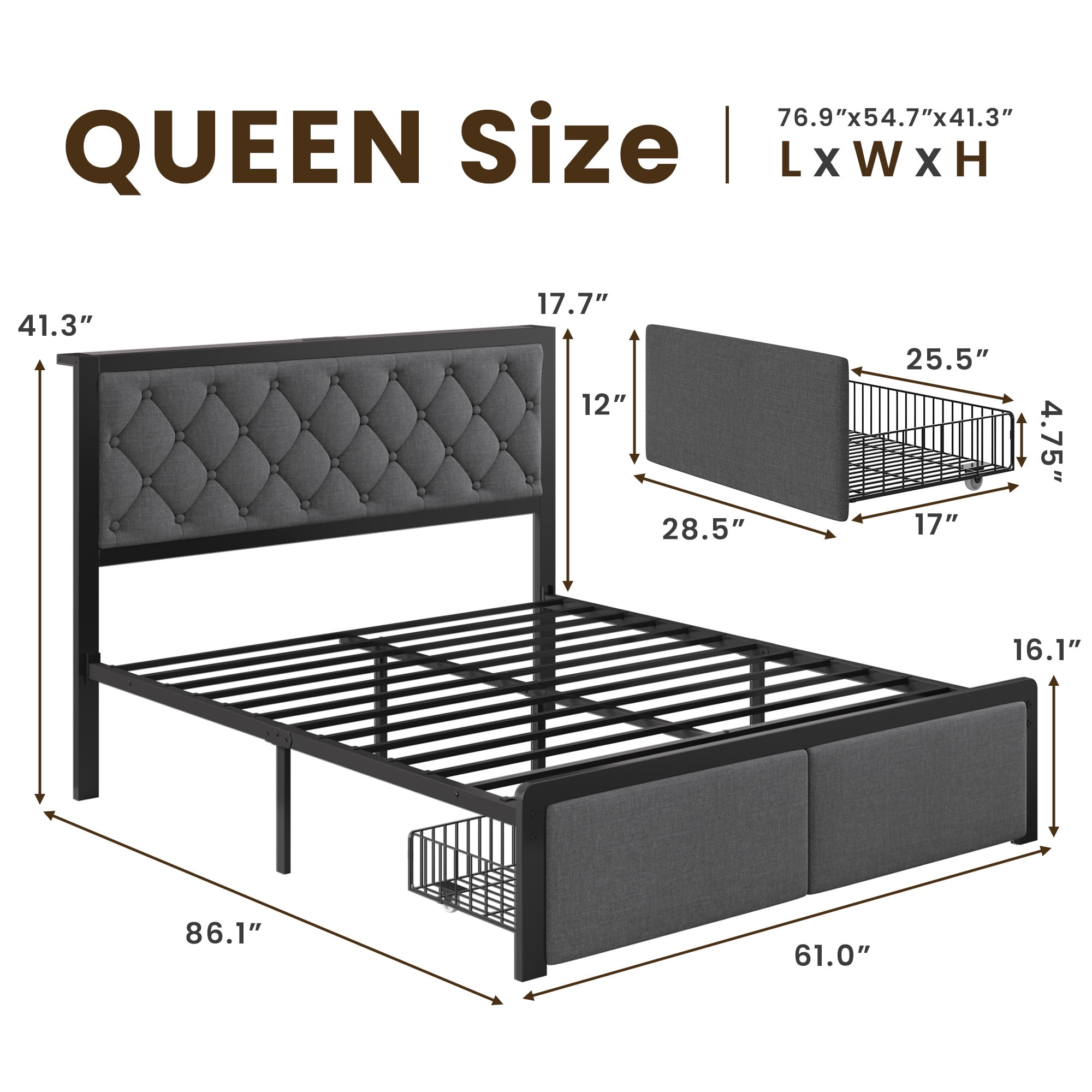 Bolvdo Bed Frame with Linen Upholstered Headboard, Lockable Storage, Queen Size, Gray
