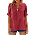 thumbnail image 3 of LEKODE Linen Tops for Women 3/4 Sleeve Everyday Shirt V Neck Loose Clothes Shirts for Women Casual Gauze Tunic Cotton Tops Boho Clothes Summer Tees Button Down Button Blouses Gauze Shirts Red 2xl, 3 of 7