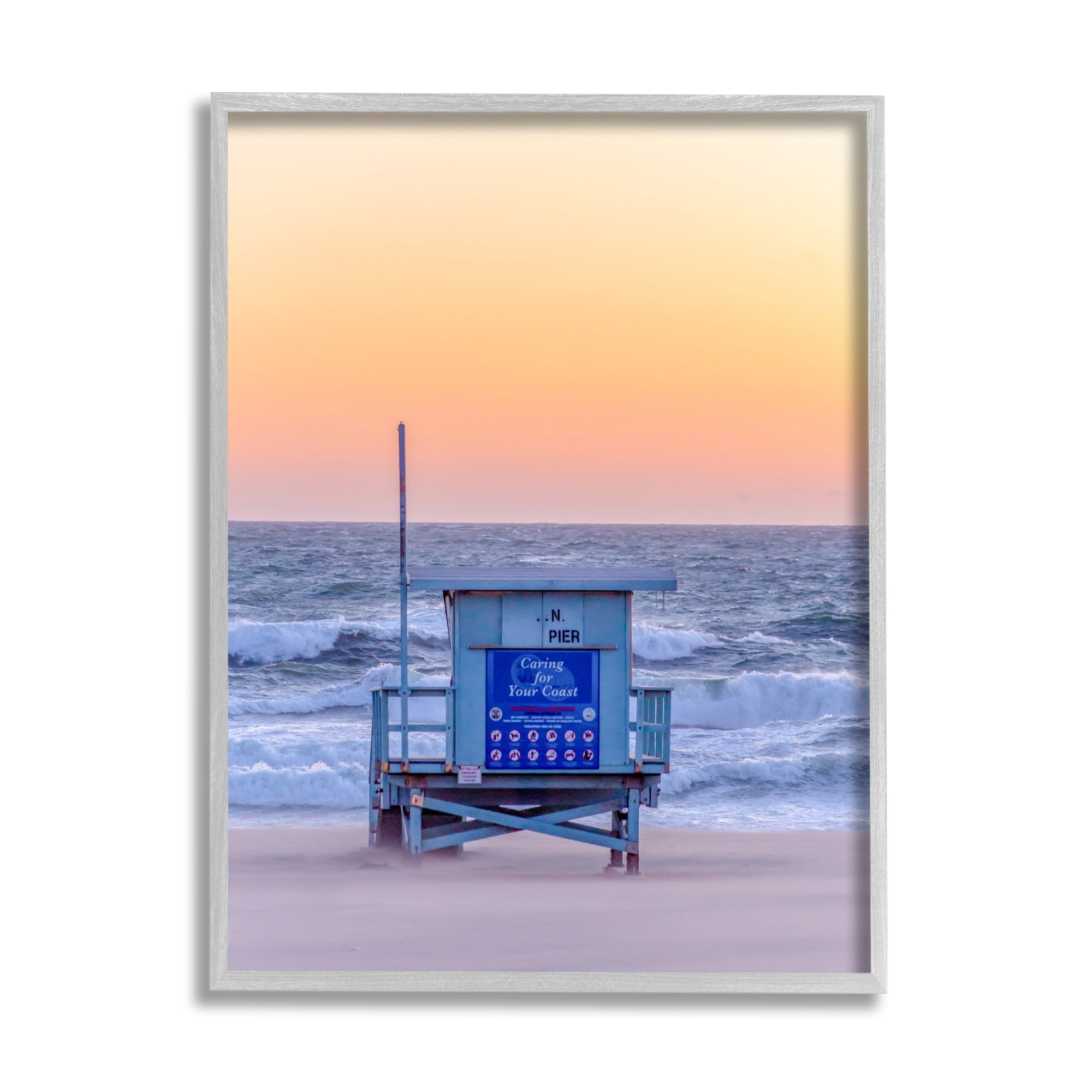 Stupell Industries Tranquil Orange Sunset Beach Hut Ocean Shore Photograph Gray Framed Art Print Wall Art, Design by Jeff Poe