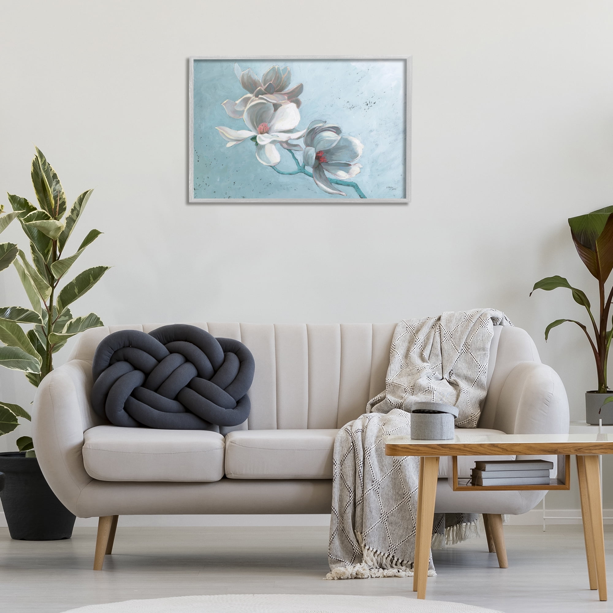 Stupell Industries Magnolia Branch on Blue Botanical & Floral Painting Gray Framed Art Print Wall Art, 30 x 20