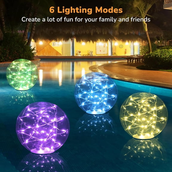 FGERFE-Solar Powered Floating Pool Lights, IP68 Waterproof 14 Inch Inflatable Lights, 6 Lighting Modes for Pool Garden Lawn Party Decorations - 1PCS