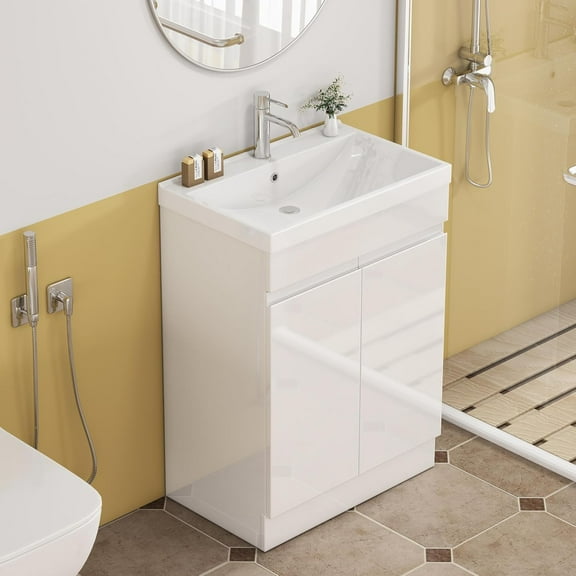 Censi 24-Inch Bathroom Vanity Cabinet with Sink, 2 Doors with Soft-close Hinge, Freestanding, Extra Thick Top Ceramic Basin, Glossy White