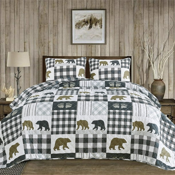 Market & Place Edredones Rústicos Tamaño King | Juego de edredón de cabina de 3 piezas con fundas | Ropa de cama reversible Lodge Bear para todas las estaciones | Colección Orson (King Grey/Marrón)
