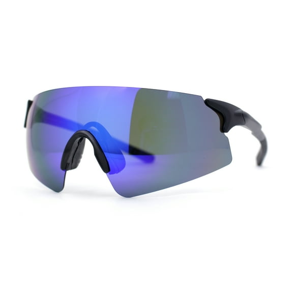 Polarized Mens Cool Mirror Curved Shield Rimless Plastic Sport Sunglasses Black - Blue Mirror