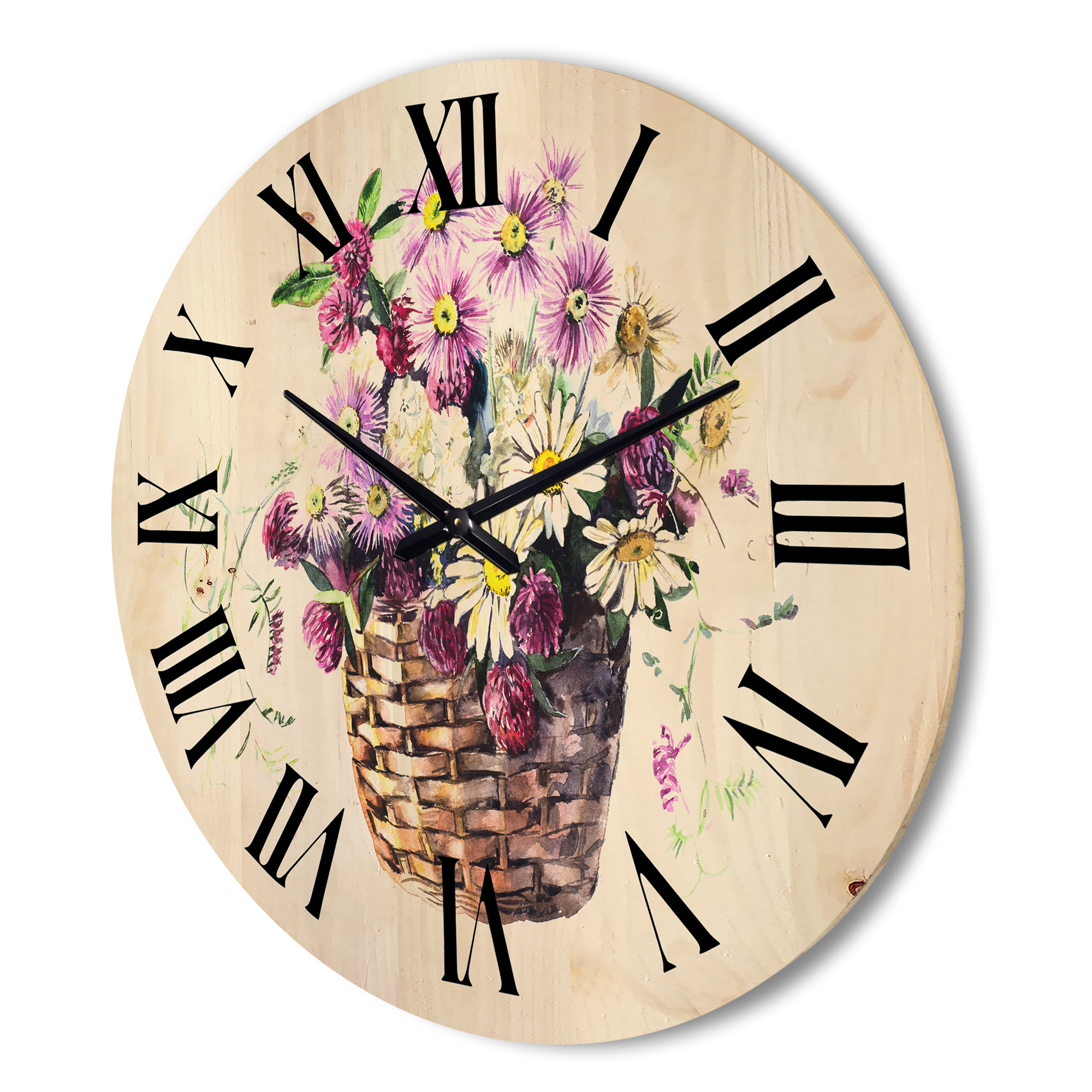 Designart 'The Basket Bouquet From Meadow Flowers' Traditional Wood Wall Clock