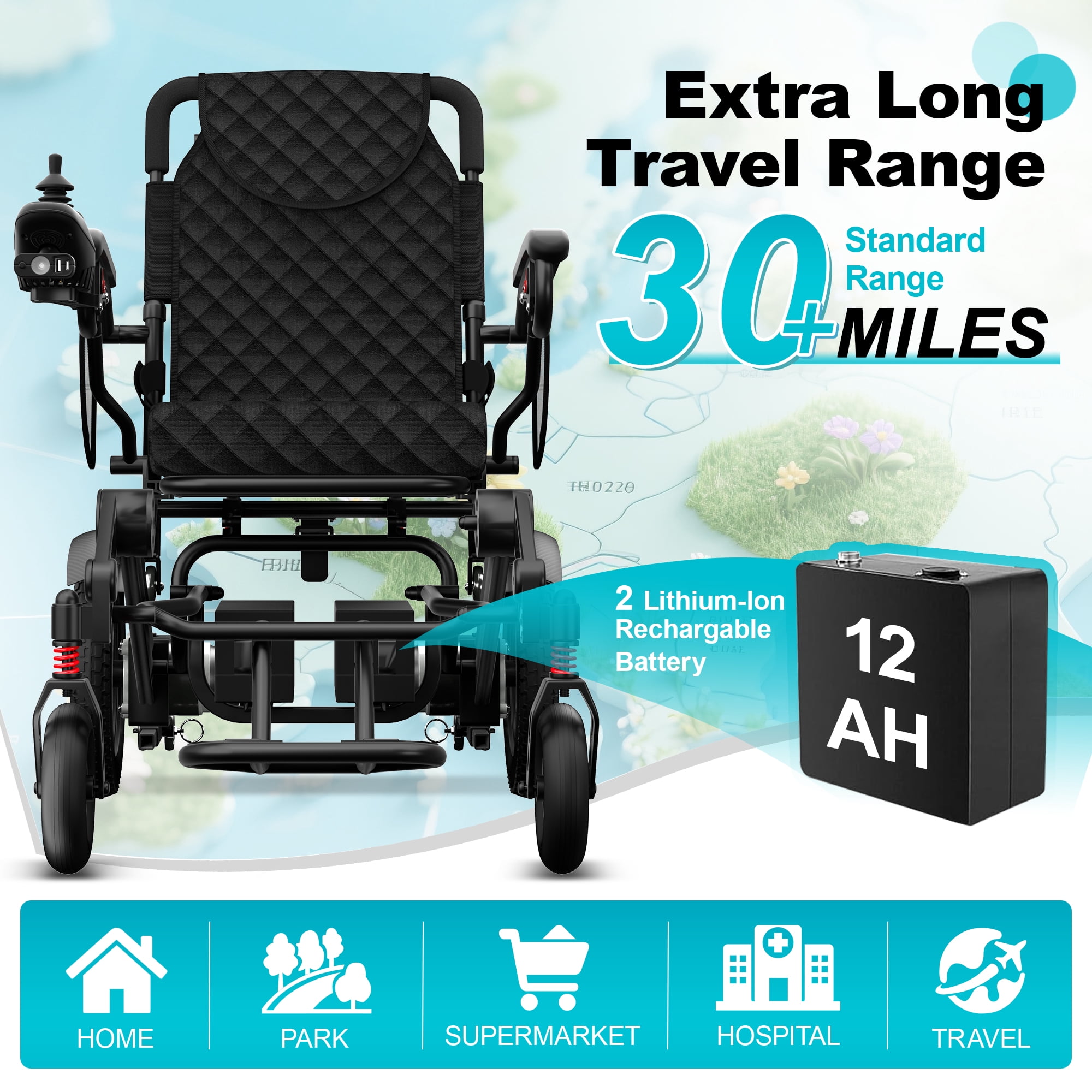 COOLHUT Electric Wheelchair 30+ Miles Long Travel Range, Foldable & Lightweight Motorized Wheelchair with Safety Features, 2 Lithium Battery, Ideal for Seniors & Travel