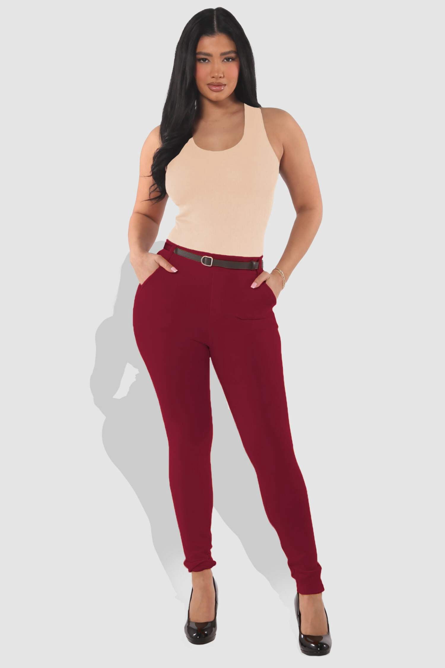 Sculpting Treggings With Faux Leather Belt - Zinfandel