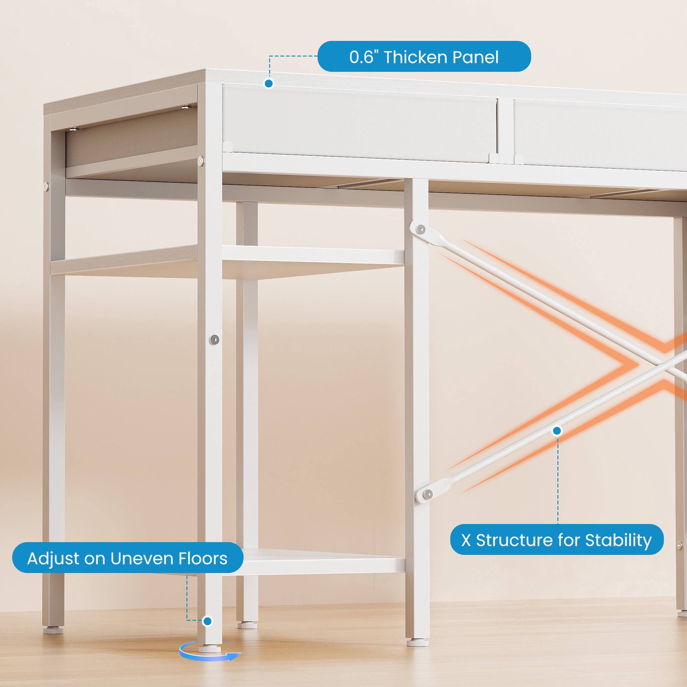 CONCETTA 55 inch Computer Desk with 6 Drawers & 2 Open Shelves, Modern Home Office Desk with Storage, Writing Study Desk for Bedroom, Workspace，White