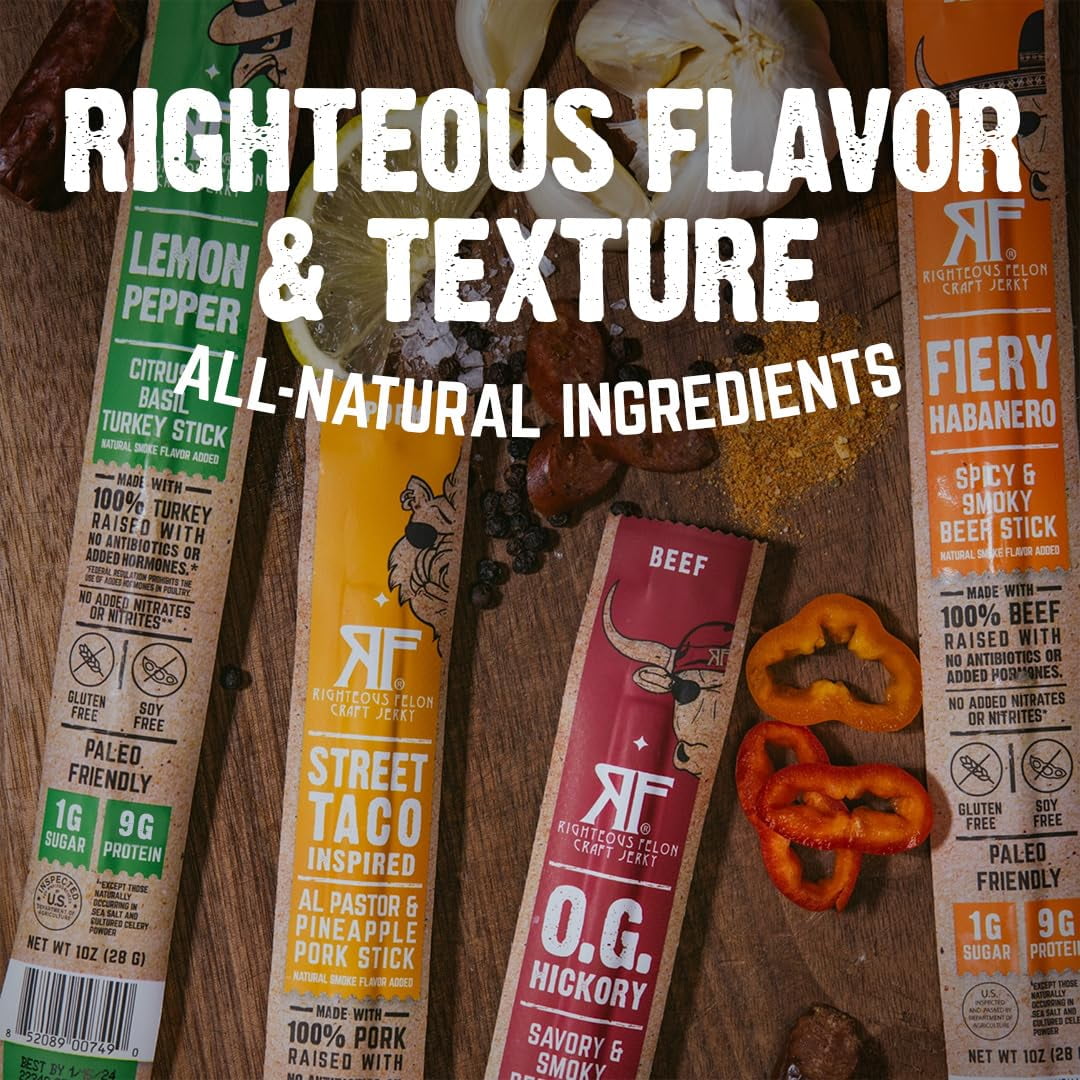 Righteous Felon Meat Sticks Variety pack - Grass-Fed Beef - Low Sugar, High Protein Snack, 10-pack