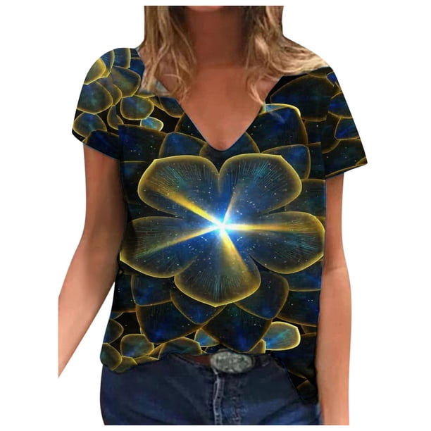 Moda Mujer Cuello en V Manga corta Impresión Jersey Blusas sueltas Tops Camiseta OAVQHLG3B Store lin121212