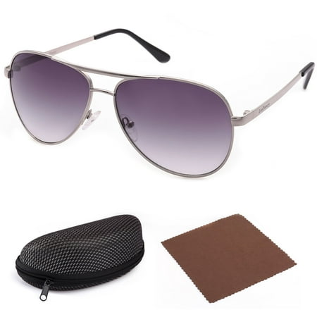 Aviator Sunglasses for Men with Case, Grey Gradient 61mm Shatterproof Lens, Metal Frame, UV400 Protection