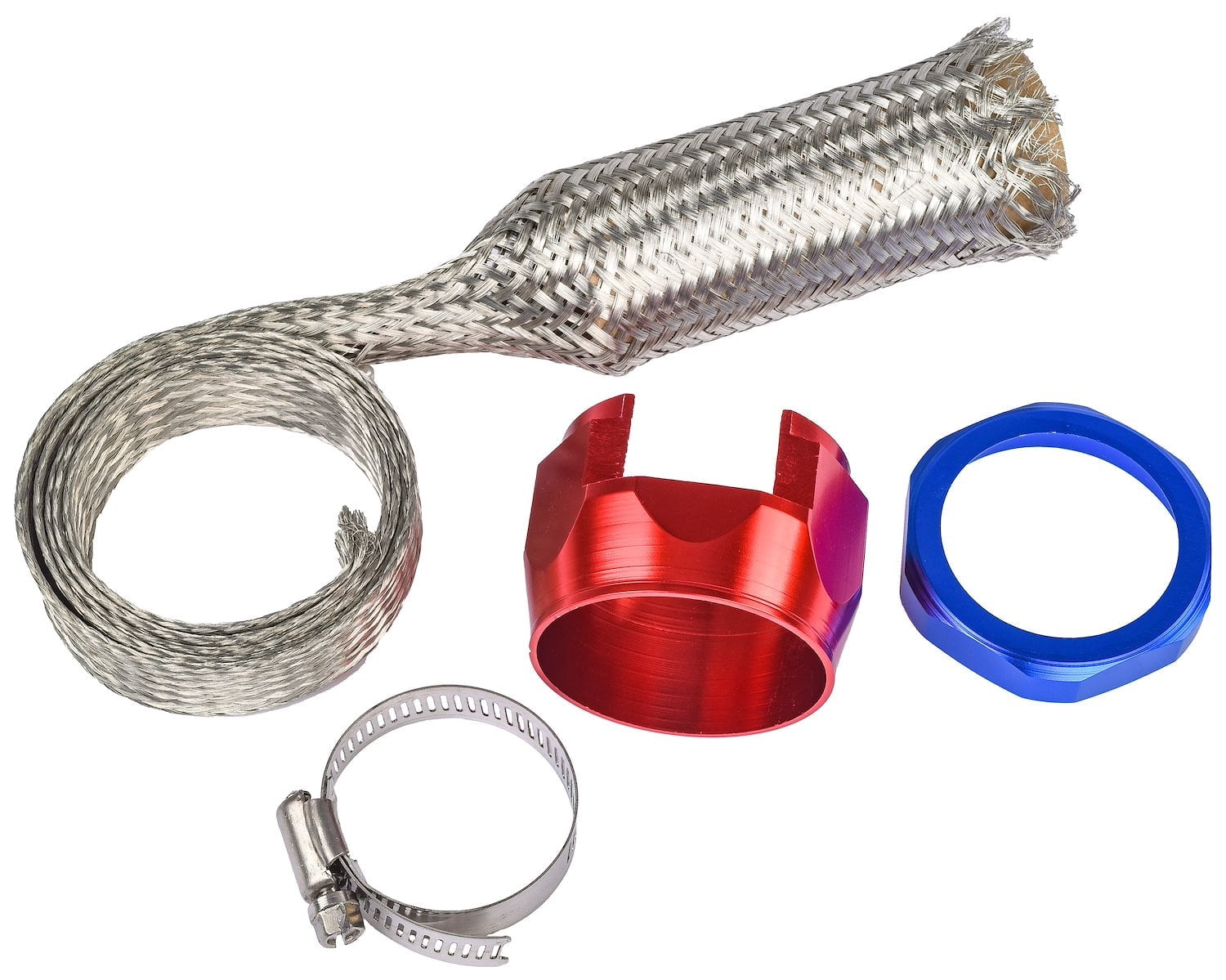 JEGS Braided Hose Sleeving Kit with Clamps [Red and Blue Anodized Hose Clamp Covers]
