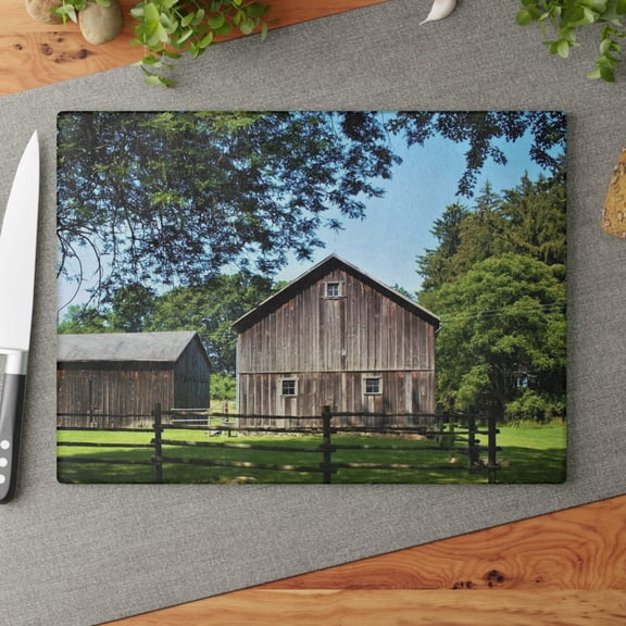 U R There Photography Otisville Grey Rustic Farmhouse Tempered-Glass Cutting Board 11"x 15"