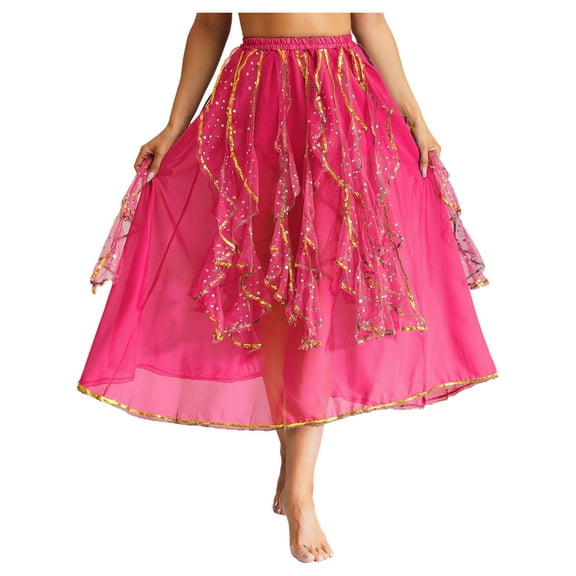 Haitryli Womens Belly Dance Chiffon Skirt Elastic Waistband Arabian Dance Skirt Dancer Outfits Hot Pink S