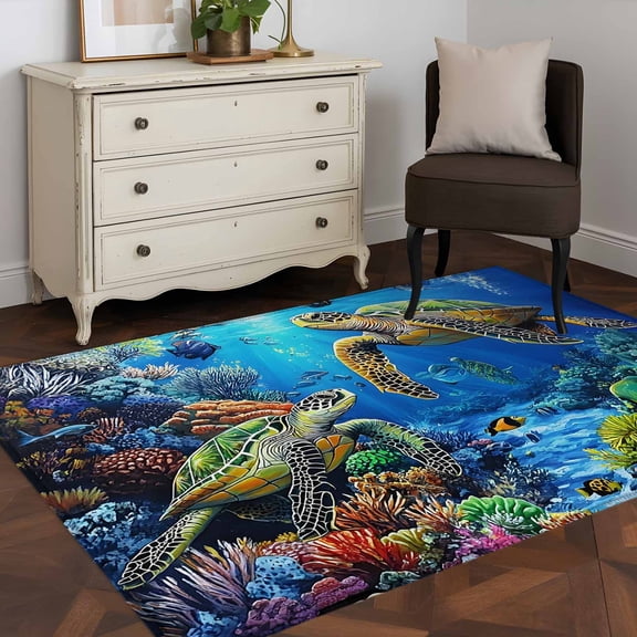 3'x5' Area Rugs, Blue Sea Turtle Ocean Indoor Outdoor Area Rug for Living Room Bedroom, Colorful Coral Sea Underwater Washable Bathroom Rugs Kitchen Floor Carpet Mats Home Decor Aesthetic