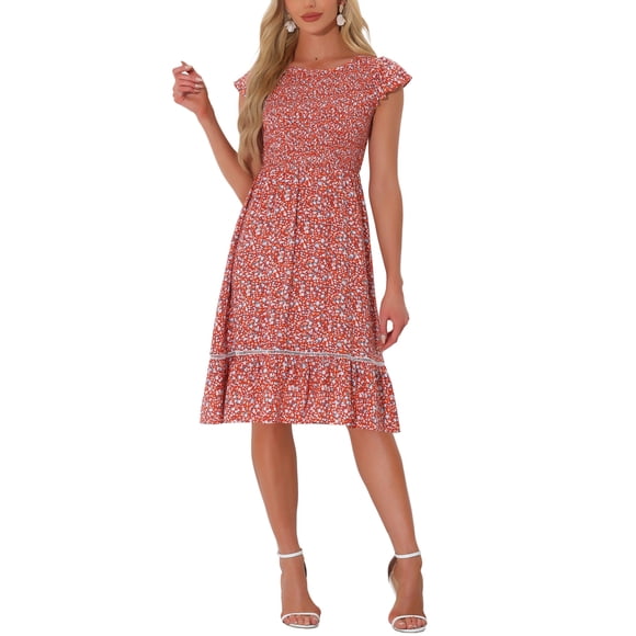 INSPIRE CHIC Vestidos de Mujer con Mangas Cortas, Vestido Midi de Verano y Primavera con Estampado Floral, Rojo XL