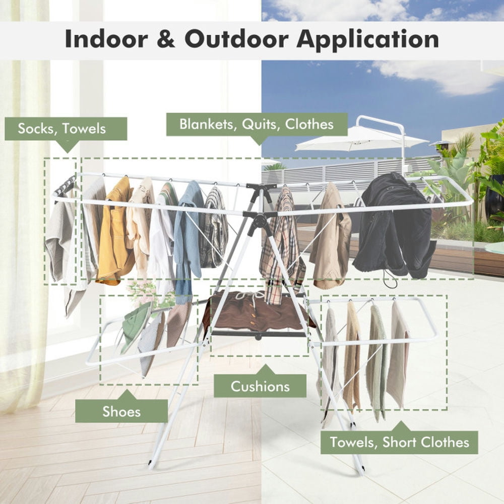 Finihen Drying Rack, Clothes Drying Rack, 2-Level Foldable Clothes Drying Rack with Adjustable Gullwing, for Indoor, Outdoor, White Finihen Drying Rack, Clothes Drying Rack, 2-Level Foldable Clothes Drying Rack with Adjustable Gullwing, for Indoor, Outdoor, White