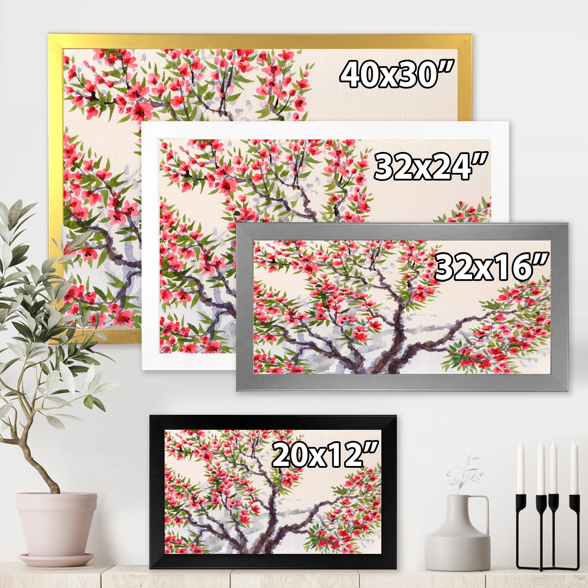 Red Flowers On The Spring Blossoming Tree II 40 in x 30 in Framed Painting Canvas Art Print, by Designart