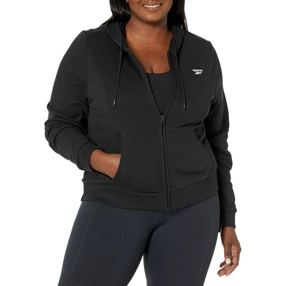 Reebok Women's Plus Size Identity Small Logo French Terry Full Zipper Hoodie, Black/White, 3X