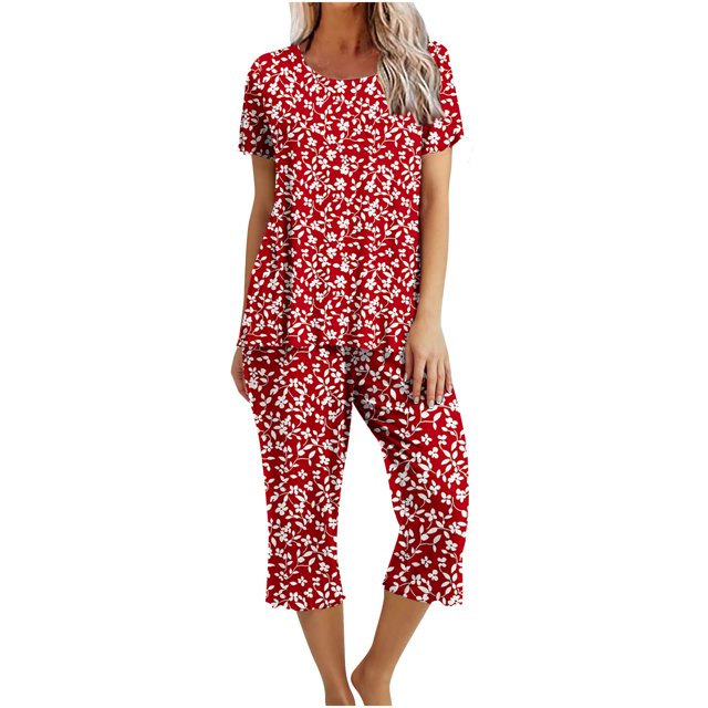Conjuntos Cortos para Mujeres Impresión Floral de Verano Casual Manga Corta Cuello Redondo Y Pantalones Recortados Conjunto de Poliéster, Traje de Verano Casual