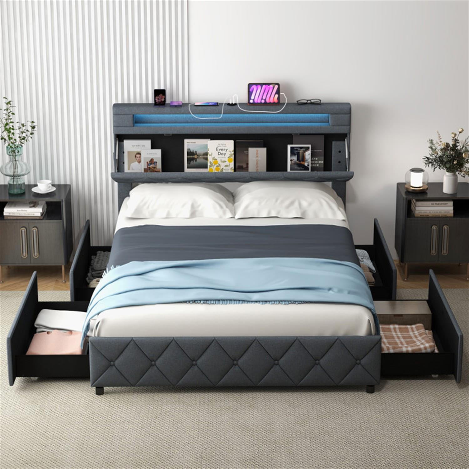 Demi Bonn Full Size Bed Frame with Adjustable Storage Headboard and Wooden Slat Support, Platform Bed Frame with 4 Storage Drawers, No Box Spring Needed, Gray