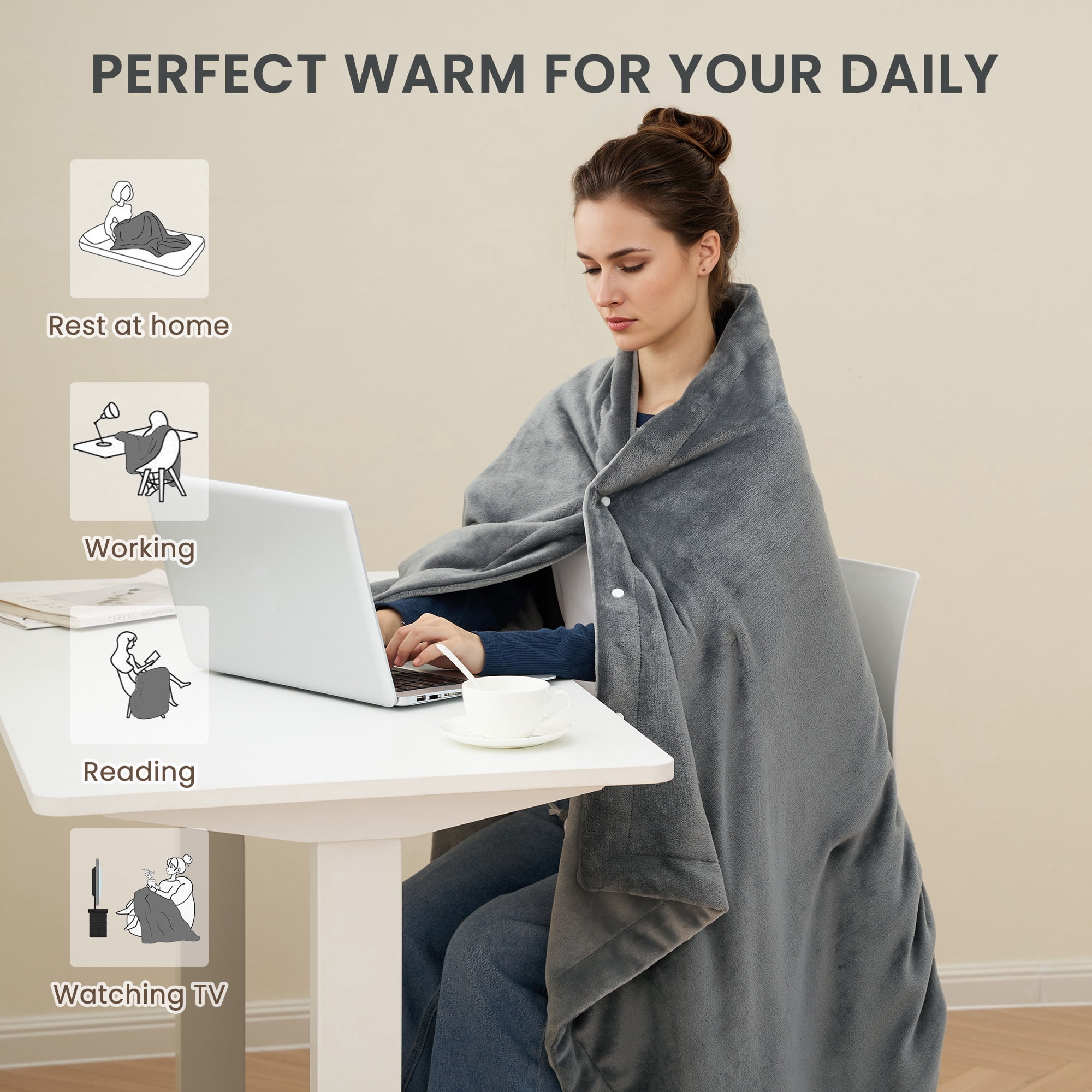 MaxKare Heated Blanket 50" x 72" Electric Throw with 6 Heating Levels & 4H Auto-off, Gray