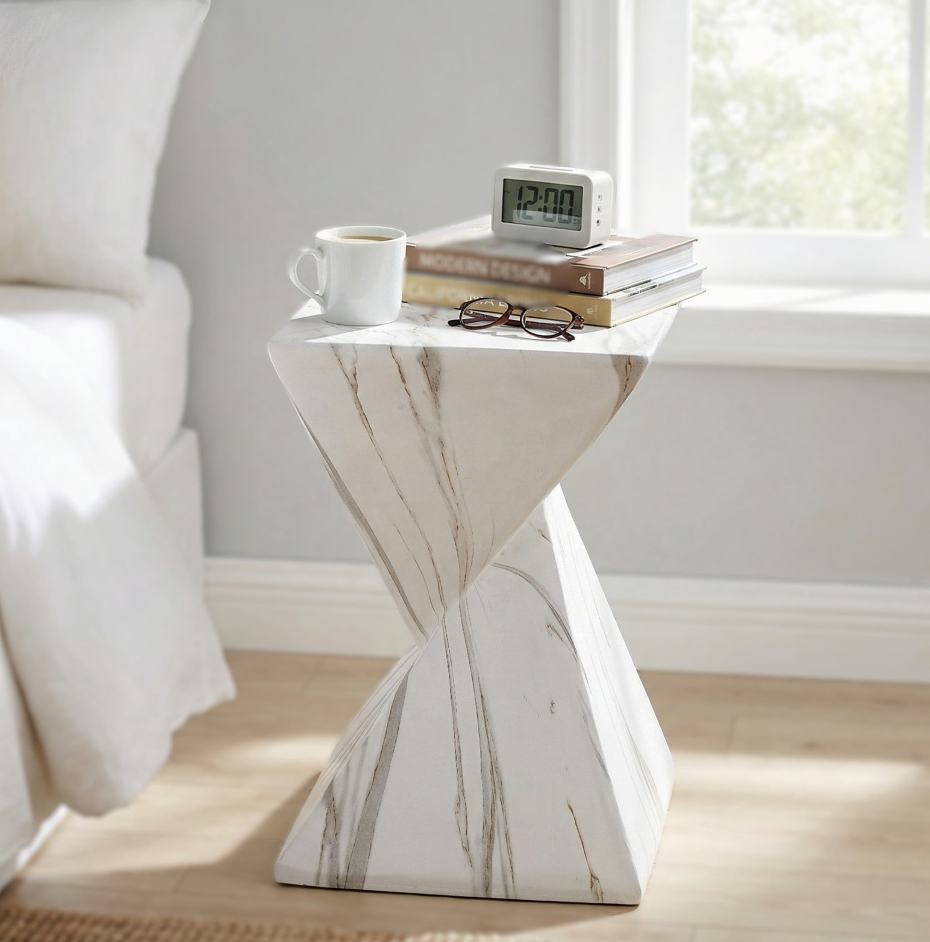 Mintazer 18.5"H Twisted Hourglass Concrete MGO Side Table, Indoor Outdoor Sculptural Geometric Accent End Table for Living Room Bedroom Patio Garden, White