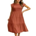 thumbnail image 1 of Robe Midi à Manches Courtes Volantées Froncée pour Femme, Été, Décontractée, à Volants, Ligne A, Orange, P, 1 of 6