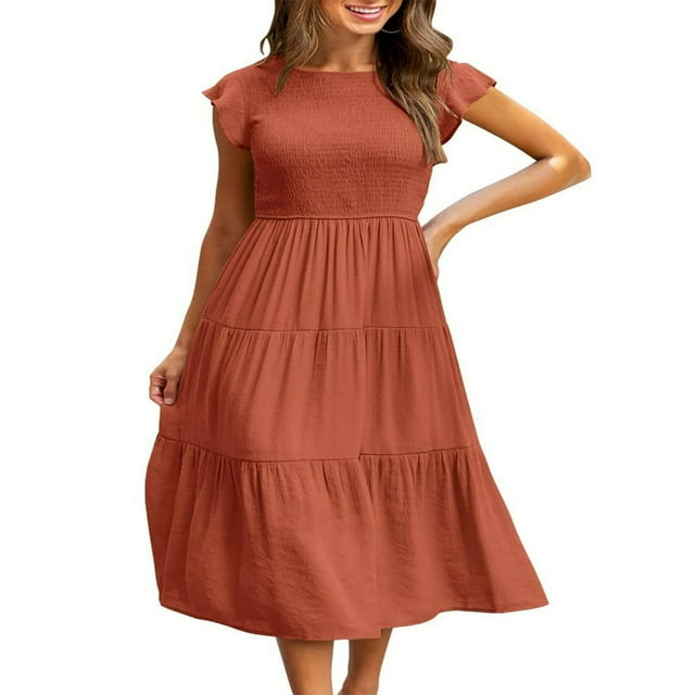 Robe Midi à Manches Courtes à Volants pour Femmes, Robe d'Été Décontractée à Volants, Orange P