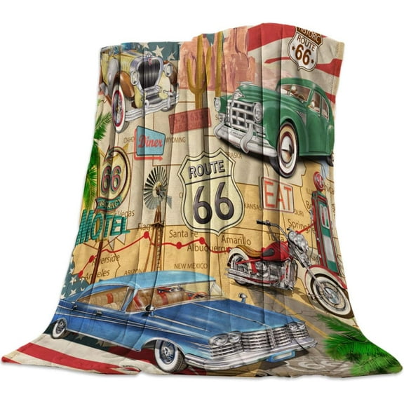 Ultra Soft Flannel Fleece Bed Blanket Retro Car Motel Route 66 Throw Blanket All Season Warm Fuzzy Light Weight Cozy Plush Blankets for Living Room/Bedroom
