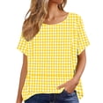 thumbnail image 5 of MORESEC Women Cotton Linen Plus Size Short Sleeve Plaid Tunic Tops Round Neck Casual Loose Tee Shirts Summer Vacation Beach Clothes, Yellow L, 5 of 6