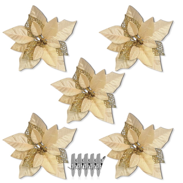 Billuyoard 15 Uds. De flores artificiales de Navidad, adornos de árbol de Navidad con purpurina hueca, flor falsa, decoraciones de Año Nuevo de Kits de decoración para fiestas oro 5PCS
