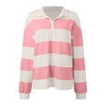 thumbnail image 4 of Women Striped Color Block Polo Sweatshirt Lapel Collared Long Sleeve Oversized Shirt Trendy Spring Clothes (Pink L), 4 of 5