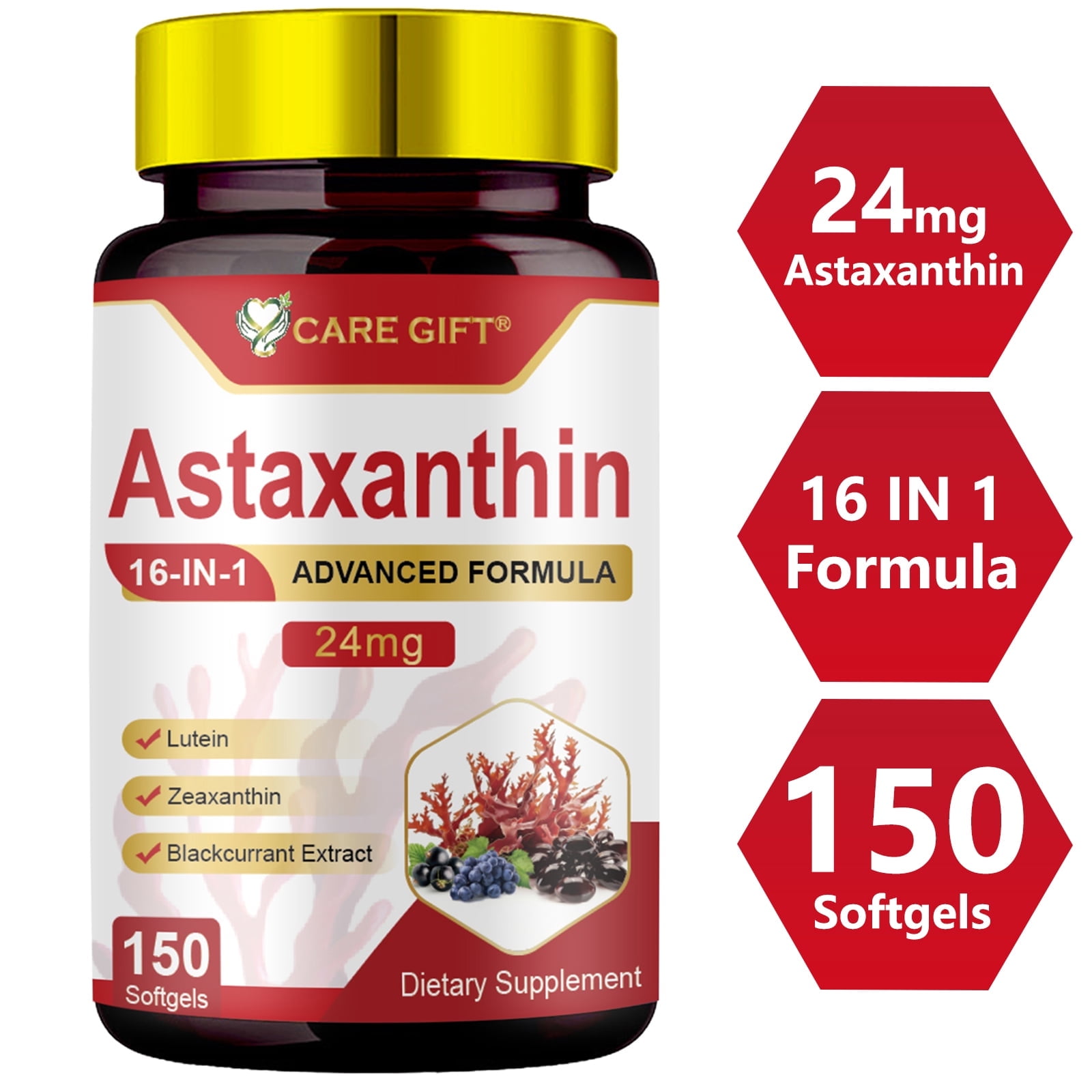 Astaxanthin Supplements 24mg 150 Softgels | 16 in 1 Astaxanthin Antioxidant Supplement w/ Lutein Zeaxanthin Blackcurrant Extract Supports Eye Skin Joint Brain Heart Immune Support