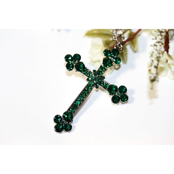 Green Rhinestone Cross Pendant Necklace, Silver-Tone Fashion Jewelry for Women