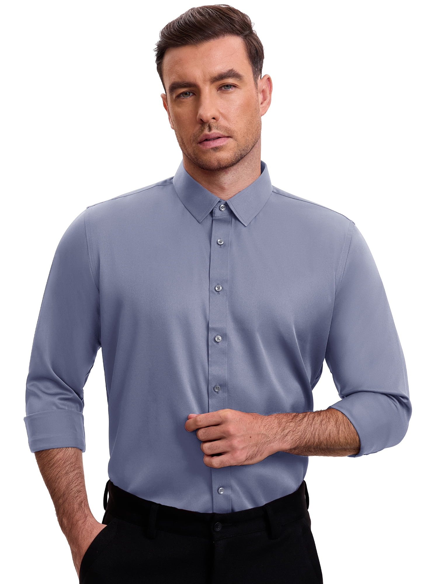 DARING DIVA Men's Point Collar Long Sleeve Button Down Formal Shirts XL Dark Gray