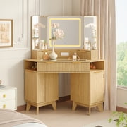 Modern Fluted Corner Vanity Desk with Triple HD Glass Mirror, 3 Lighting Modes, Charging Station, 3 Drawers, 2 Cabinets, Bedroom Makeup Table with Storage, 48 Oak