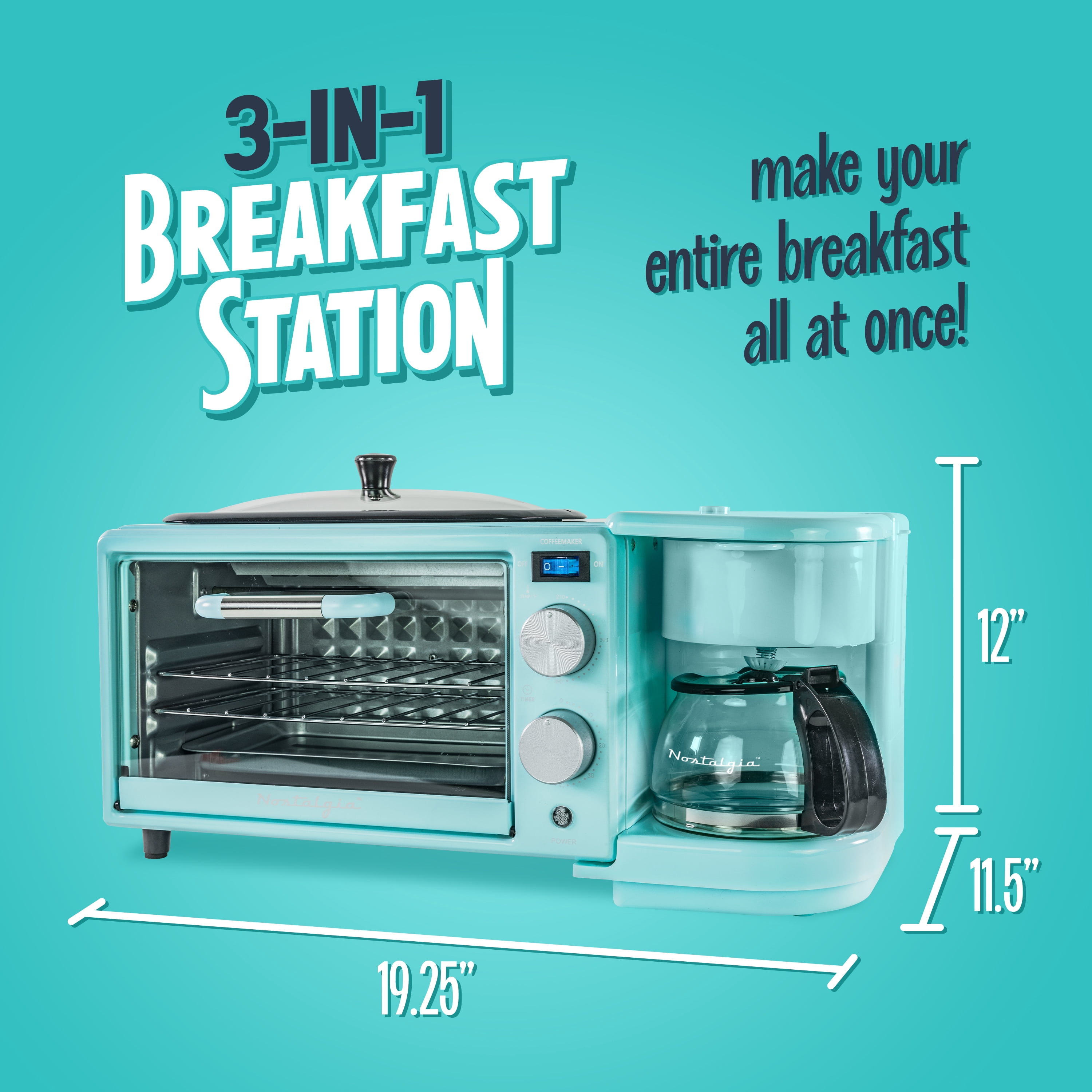 Nostalgia 3-in-1 Retro Breakfast Station - Includes 5 Cup Coffee Maker, Non-Stick Ceramic Griddle, and 4-Slice Toaster Oven - Built-In Timer, Reusable Coffee Filter, Space-Saving Design - Aqua