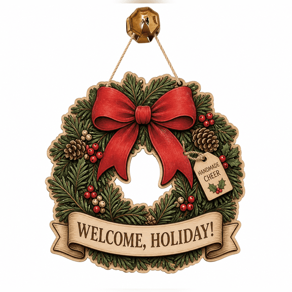 Christmas Wooden Door Hanging Sign Pine Wreath with Red Bow Wood Front Door Welcome Sign for Holiday Homes