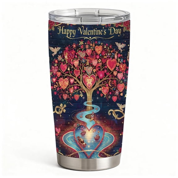 Love Tree & Boat Valentine Tumbler, Hot Cold Insulated Travel Coffee Cup with Lid and Straw, Unique Romantic Gift