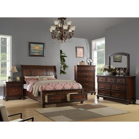 Formal Traditional Cherry Veneer 4pc Bedroom Furniture Queen Size Bed Dresser Mirror Nightstand Sleigh Bed