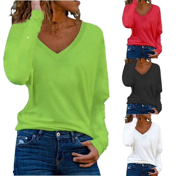 Aboser Long Sleeve Shirts for Women Cotton V Neck Tops Comfy Plain Basic Tees Solid Color Casual Pullover Top Loose Fitted Layering Shirt
