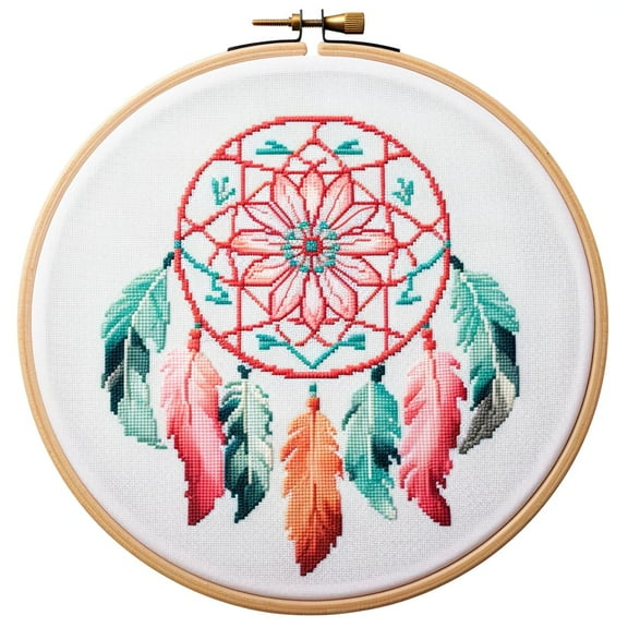 Dreamcatcher Stamped Cross Stitch Kits for Beginners Easy with Hoop 11CT Needlepoint Embroidery DIY Counted Cross Stitch Kits Art Craft Wall Decor 35x35cm(1)